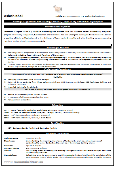 Professional resume format for mba freshers